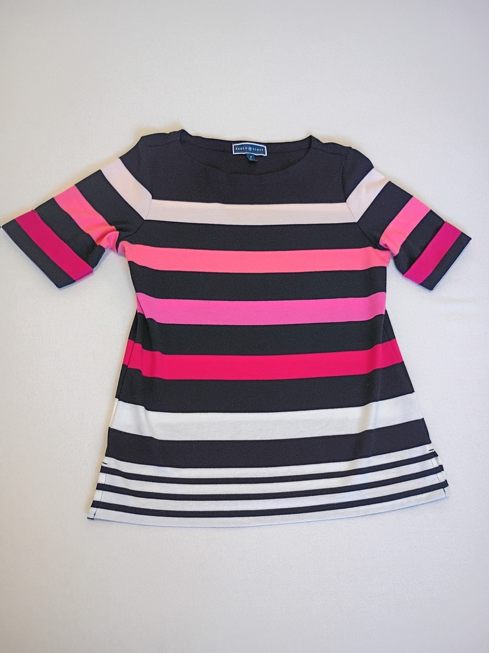 Karen Scott Short Sleeve Boat Neck Striped Tee Pink Magenta Navy Size M